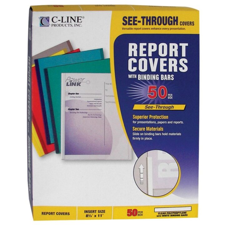 C-Line Report Covers with Binding Bars, Economy Clear Plastic, White Bars, 8.5 x 11 Inches, 50 per Box (32457)